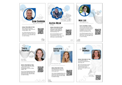 A collage of six NOAA Teacher at Sea informational cards featuring Sam Garson, Alexa Helm, Nick Latz, Tonya Prentice, Charlotte Sutton, and Lisa Werner. Each card includes a photo, short biography, roles, and a QR code for accessing their blogs.