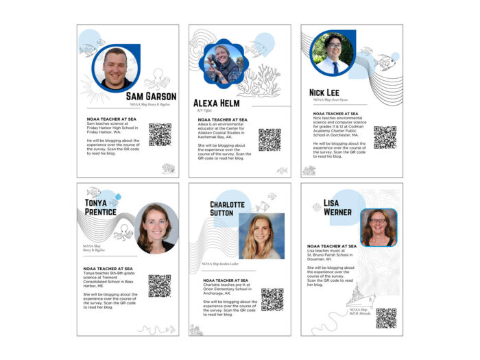 A collage of six NOAA Teacher at Sea informational cards featuring Sam Garson, Alexa Helm, Nick Latz, Tonya Prentice, Charlotte Sutton, and Lisa Werner. Each card includes a photo, short biography, roles, and a QR code for accessing their blogs.