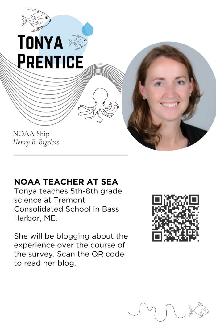 A profile card for Tonya Prentice, featuring her photo, name, and title "NOAA Teacher at Sea." She teaches 5th-8th grade science at Tremont Consolidated School in Bass Harbor, ME. The card includes a QR code to her blog and images of sea creatures and waves.