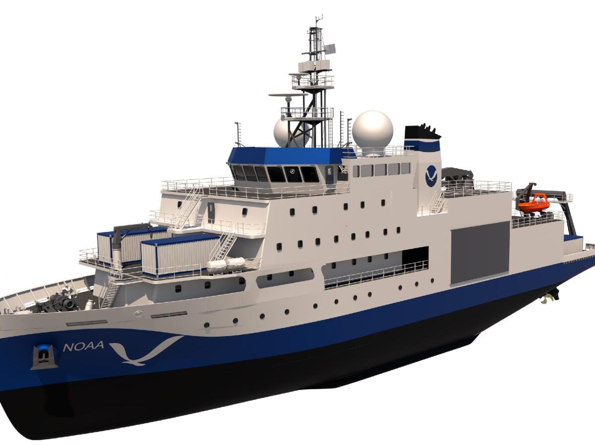 A digital rendering of a NOAA research vessel with a blue and white color scheme. The ship features multiple decks, satellite domes, and equipment. It has "NOAA" and a logo printed on the side. The background is clear white.