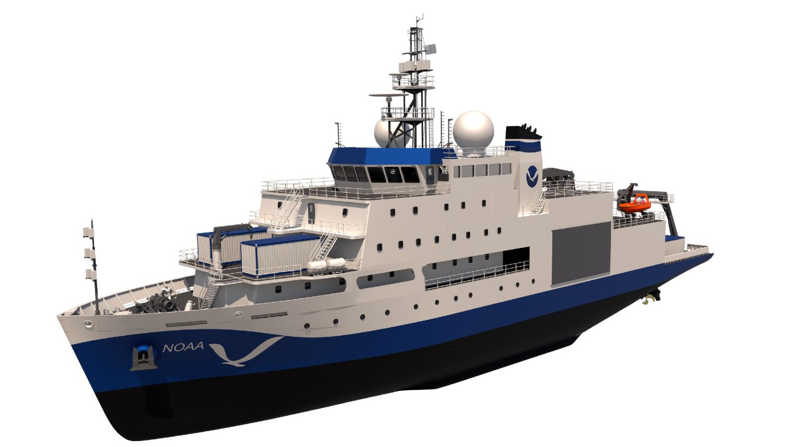 A digital rendering of a NOAA research vessel with a blue and white color scheme. The ship features multiple decks, satellite domes, and equipment. It has "NOAA" and a logo printed on the side. The background is clear white.