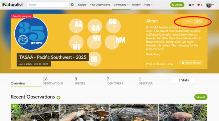 Screenshot of a Naturalist project page for "TASAA - Pacific Southwest - 2025." The page shows the project's region, a yellow banner with a map, and the number of observations, species, and participants. Recent observations are displayed below.