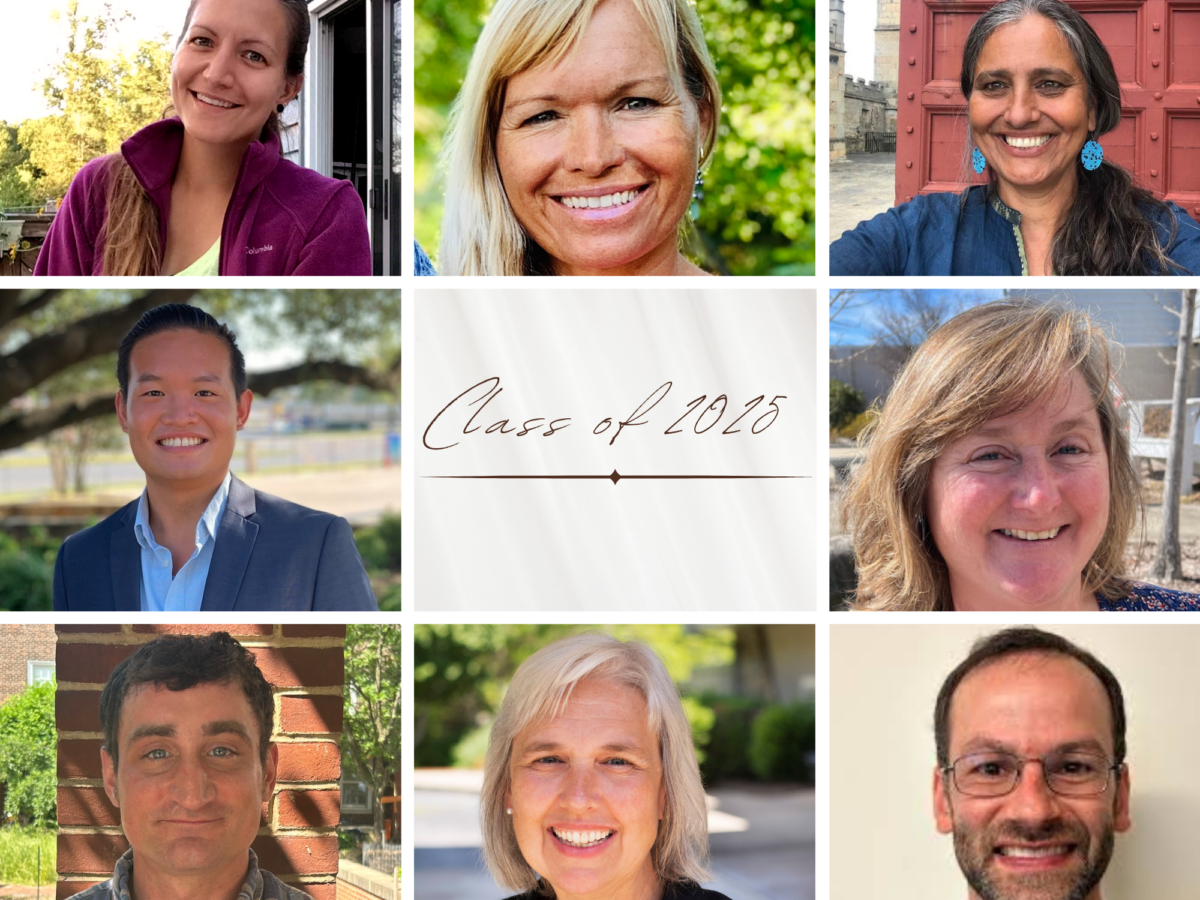 A collage of eight smiling adults, four women and four men, around a central square that reads “Class of 2025” in script. Each person is pictured outdoors or against buildings, with natural backgrounds.