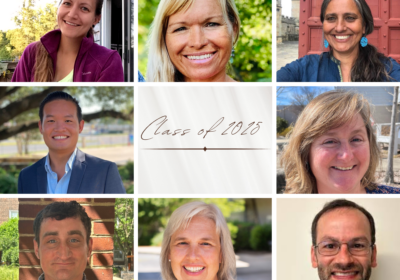 A collage of eight smiling adults, four women and four men, around a central square that reads “Class of 2025” in script. Each person is pictured outdoors or against buildings, with natural backgrounds.