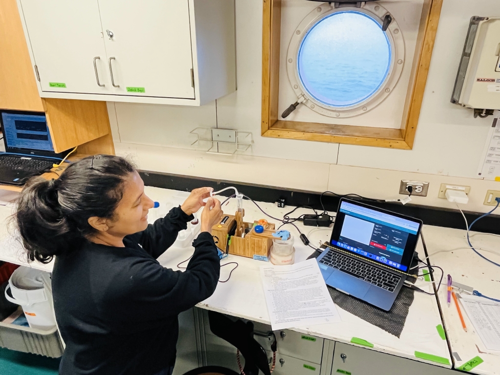 Bhavna Rawal sits at a workstation on a ship in the Southern Ocean, working with scientific equipment and a laptop. Papers and lab tools are on the counter, and a round window offers a view of the ocean outside.