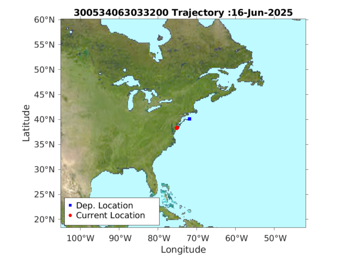 A map showing the eastern United States with a blue dot labeled "Dep. Location" and a red dot labeled "Current Location." A trajectory line connects the two points. Title: "Alumni 300534063033200 Trajectory: 16-Jun-2025.