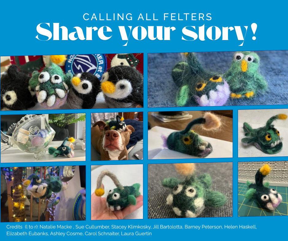 A collage of needle-felted animal figures, including birds and creatures, displayed on blue backgrounds with the text "Calling all felters! Share your story!" at the top. Credits for creators are listed at the bottom.