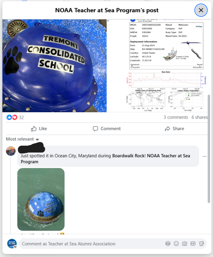 A blue dome-shaped drifter labeled "Tremont Consolidated School" floats on water. The post includes data charts and a comment noting its sighting in Ocean City, Maryland, during Boardwalk Rock.