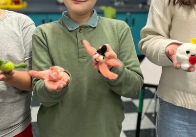 Three children stand side by side and hold up handmade felted animal figures in their hands, smiling and displaying the colorful, small creations in a classroom setting.