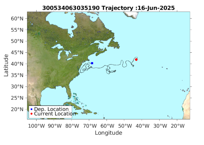 Map showing the Atlantic Ocean with a curving black trajectory line; a blue square marks the departure near the U.S. East Coast, and a red dot marks the current location farther east as of June 16, 2025.