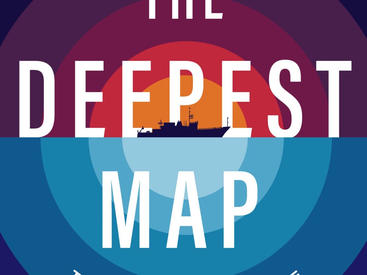 Book cover for "The Deepest Map" by Laura Trethewey, perfect for book clubs and alumni gatherings, featuring concentric circles in blue, red, and purple, a ship silhouette, and the subtitle "The High-Stakes Race to Chart the World's Oceans.