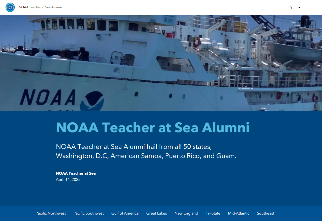 A NOAA research vessel with the NOAA logo is docked at sea. Text on a blue overlay reads: "NOAA Teacher at Sea Alumni hail from all 50 states, Washington, D.C., American Samoa, Puerto Rico, and Guam." Tabs for U.S. regions are below.