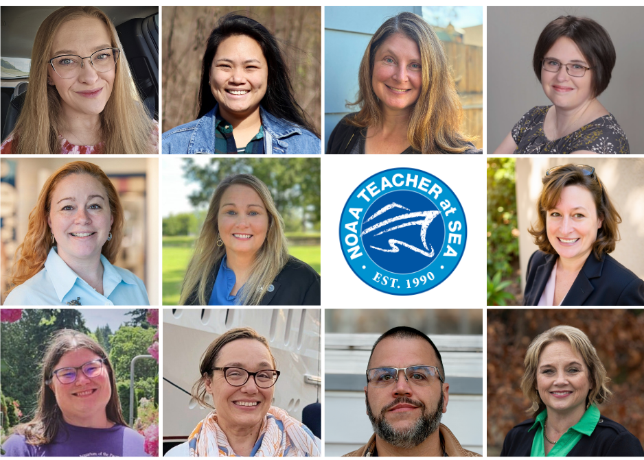 A grid of 11 headshots of diverse adults, arranged around a blue circular NOAA Teacher at Sea logo, with a warm welcome message for new students and "Class of 2026" written above in blue text on a white background.