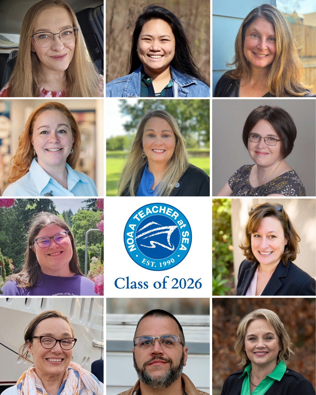 A collage of ten individual headshots of smiling adults arranged around a circular "NOAA TAS Class of 2026" logo in the center.