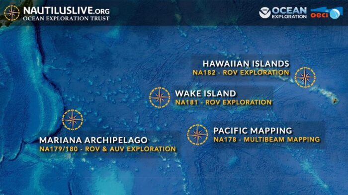 A blue map of the Pacific Ocean highlights E/V Nautilus exploration sites—Mariana Archipelago, Wake Island, Hawaiian Islands, and Pacific Mapping—with mission numbers and types.